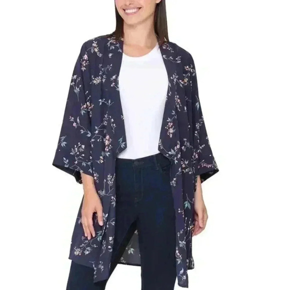 New Tahari Floral Open Top Kimono Style Blue Small Medium Lightweight Shirt - Picture 1 of 16